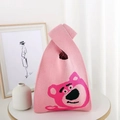 Pink knitted bucket tote bag featuring a cute Lotso Bear cartoon character pattern - Pink Cartoon Bear