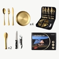 Golden stainless steel camping cutlery set for 4 with black storage bag and wine opener - Gold 20-Piece Set Box