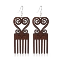 Macro detail of dark brown wooden comb earrings with heart shape and silver hooks - Style 18