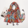 Bohemian floral cotton linen scarf with red prints and elegant grey tassel fringe trim - Multicolor Bright Floral Style (XB1022-02)