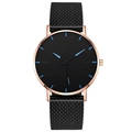 Slim men's quartz watch with black dial, blue markers, and rose gold case on mesh band - Black Strap Rose Gold Case Blue Scale