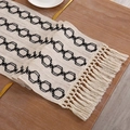 Beige cotton linen table runner with black geometric chain pattern and boho tassels - Black Lantern - Knotted Tassels / 30*50cm