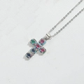 Silver vintage cross necklace with colorful multi-gemstone accents and pavé diamonds - Silver Multi-Color Zirconia Cross