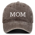 Detailed view of white MOM embroidery on washed cotton vintage baseball cap crown - MOM Embroidery / Coffee
