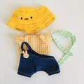 Gelber Entenhut mit kariertem Hemd und Jeans-Latzhose für 17cm Plüschpuppen-Kleidung - Passend für 17cm Puppe / Gelbes Entenhut-Vierteiler-Set / Gelb
