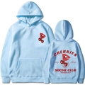Felpa con cappuccio celeste con grafiche a ciliegia su fronte e retro in stile classico - Taglia S / Azzurro
