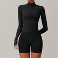 Women's black seamless yoga set including zip-up long sleeve top and high-waist shorts - Premium Black (Zip Jacket + Tight Shorts)