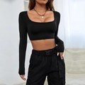 Women's black cropped square neck long sleeve top with tight elastic fabric - S / Black