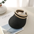 Women's black straw sun visor with striped ribbon trim for sun protection beachwear - Tri-Color Band Empty Top Straw Hat Black