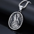Collana con ciondolo testa di lupo in acciaio inossidabile retrò e bussola vichinga grigia - Rilievo Testa di Lupo-Argento (C0510-1)