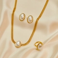 Elegant gold titanium steel jewelry set with white oval pearls on beige silk fabric - Set 5-Pearl