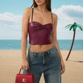 Nauwsluitende bordeauxrode PU-lederen crop camisole met geplooide voorkant dames - S / Fuchsia