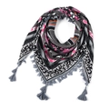 Detail of bohemian floral square scarf with gray knotted fringes on white background - 115*115cm / Black/Pink/Grey Floral (No.32)