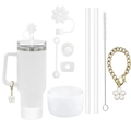 9er-Set für Stanley-Becher mit Blumen-Strohhalmkappe und weißem Becher mit Goldkette - 9-Teiliges Set / Weiß