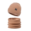 Men's winter set with light brown knit beanie and neck warmer with thick fleece lining - Two-Piece Set / Khaki
