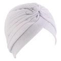 Detailed view of silver metallic pleated turban cap with shiny textured fabric - One Size / White
