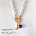 Élégant collier de perles avec breloque lettre J en or 14K et pendentif en cristal bleu - Lettre J