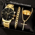 Luxury gold men's jewelry set with quartz watch, chain bracelet, ring and cross necklace - Style 4 (No Box)