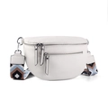 White lychee pattern crossbody bag with multi-zipper pockets and ethnic woven strap - White