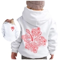 Kids white hooded sweatshirt featuring red tropical floral and sunset prints back view - Tops / 100cm / White