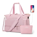 Pink fitness travel bag set with USB port, shoe compartment and matching toiletry pouch - Pink