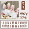 Détail des faux ongles AL15 dégradé rose avec feuilles d'or et forme cercueil chic - Style Français Dégradé Rose Nude Feuille d'Or (A638)