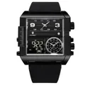 All-black square multifunction quartz watch with dual time display and matte finish - Black Case Black Strap (P997)