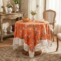 French vintage floral round tablecloth with orange base and elegant white lace borders - 90*90cm / Flower Bird Mink Velvet - Orange