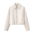 Detail of the zipper closure and collar on this cream short bomber jacket for women - XS / White