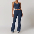 Navy blue halter-neck sports top and high-waisted flared yoga pants two-piece set - S / Badge Blue (Top+Flared Pants)