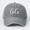 Detail of GIGI white embroidery on dark gray washed cotton denim baseball cap fabric - One Size / Gray