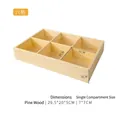 Pine wood 6-compartment storage box tray with natural grain finish, 29.5x20x5cm - Natural 6 Grids