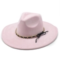 Detail of pink faux suede fedora hat with gold chain link and black bow accent - Light Pink