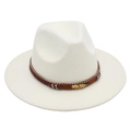 Detail showing beige wool fedora hat with brown band, gold feather and ethnic beads - Off-White (Gold Feather)