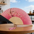 Pink folding fan with cherry blossoms, butterflies and matching pink silk tassel detail - Style 45 (New Style)