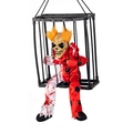 Halloween clown prisoner in cage with orange hair and blood-stained costume - Red And White Polka Dot Clown
