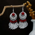 Bohemian silver drop earrings with red beads and leaf fringe tassels in a vintage style - Red Silver (E3243)