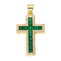 Macro detail of a gold cross pendant featuring emerald-green square zircon stones and crystals - Pendant 66 (Gold Pave Green Emerald Cross)