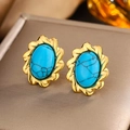 Vintage 18K gold plated heart stud earrings with blue turquoise inlay and floral edge - Gold Dark Blue Turquoise E-240