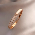 Rose gold heart bangle featuring white shell inlay and three cubic zirconia accents - Bangle Style (HB356) / Rose Gold