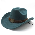 Classic dark green suede cowboy hat with brown braided band and vintage star emblem - M (56-59cm) / Peacock Green (Suede)