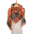Plaid scarf with orange brown and blue patterns featuring stylish fringed edges - 135x135cm / Orange