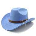 Détail d'un chapeau de cow-boy bleu ciel en suédine avec ruban marron et boucle - M(56-59CM) / Bleu Ciel (Daim)