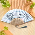 Classic Chinese folding fan with ink bamboo print and charcoal grey silk tassel - 11 Bamboo