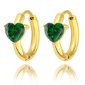 Detailed macro view of 18K gold plated hoop earrings featuring heart-shaped green zircons - Gold-Green Zircon