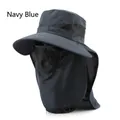 Navy blue wide brim sun hat with mesh face mask and neck flap for outdoor sports - Navy Blue