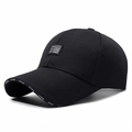Black cotton baseball cap with lettered embroidery patch and woven tape brim detail - Adjustable / Black