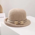 Elegante cappello da sole intrecciato beige con fiocco e tesa arrotolata - Decorazione con fiocco / Cachi