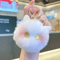 Cute white and pink plush cat head keychain with star eyes and golden metal lobster clasp - Individual Packaging / White Cat Yellow Eyes