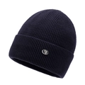 Navy blue ribbed knit beanie with thick fold-over cuff and silver metal logo accent - One Size / Navy Blue